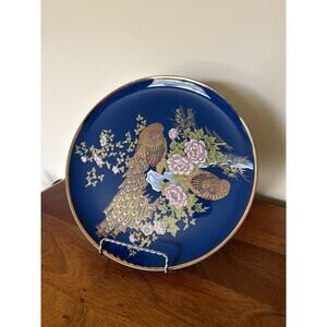 Vintage Japanese Cobalt Blue Porcelain Plate Peacock Gold Trim Decorative Dish